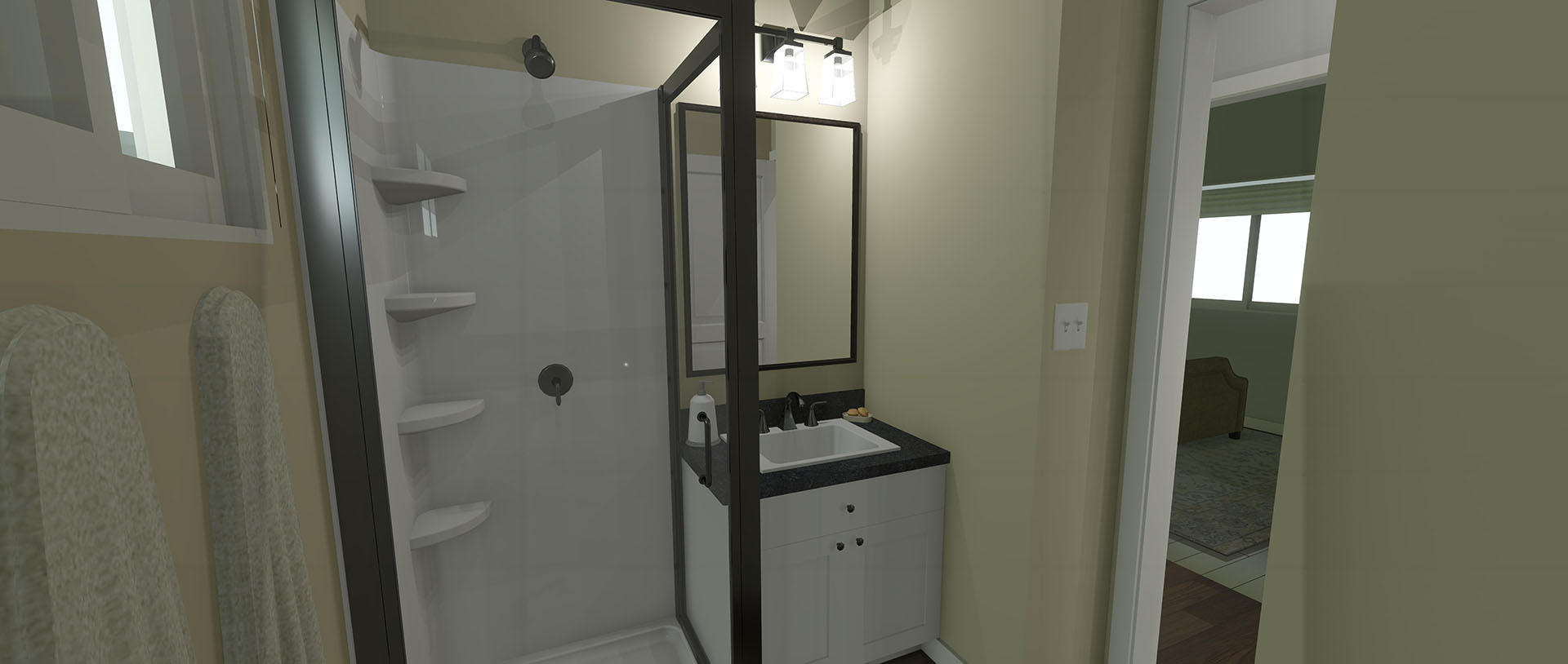 Bathroom with a clear door shower and a sink