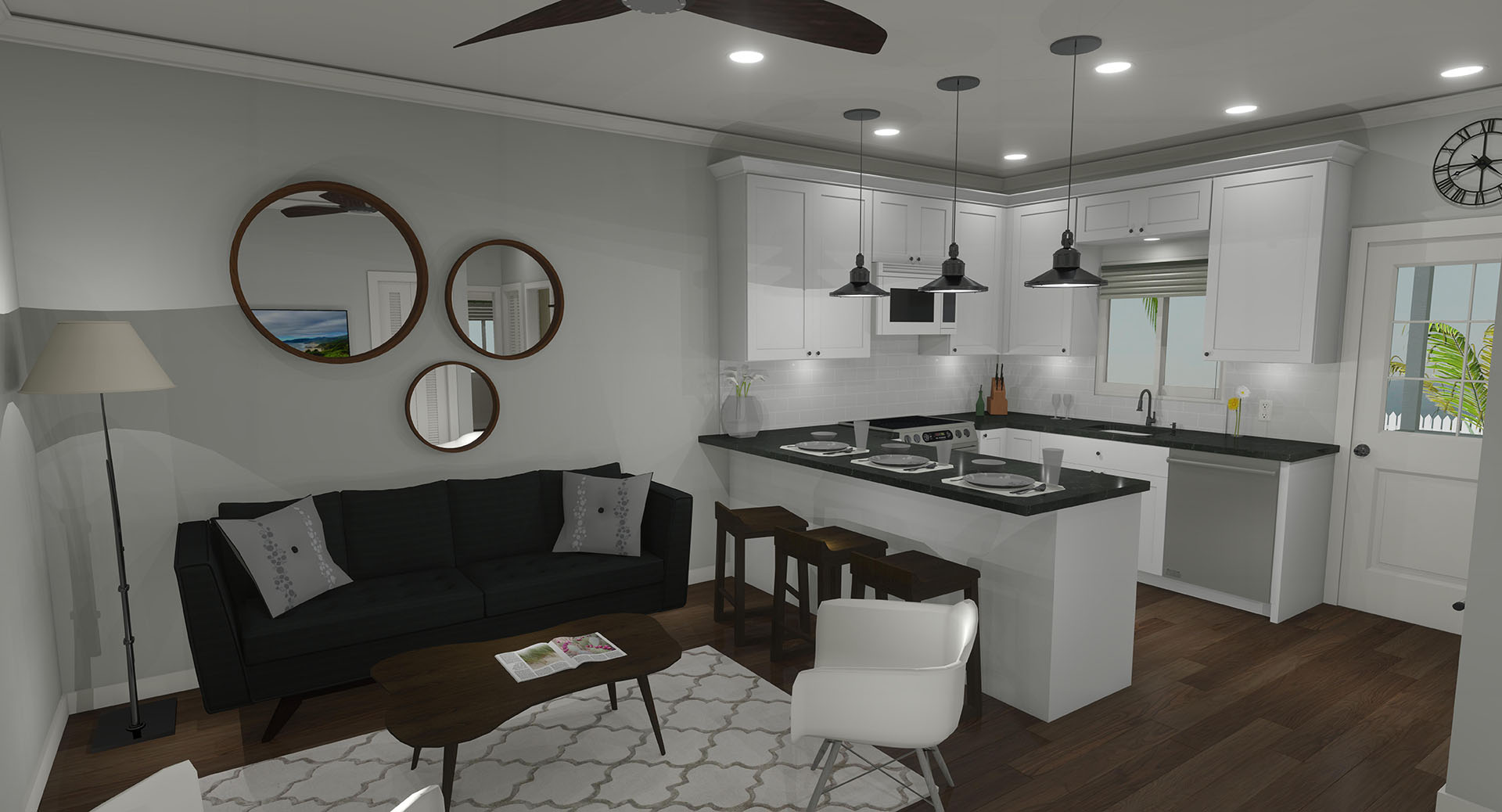 Small living room and modern kitchen