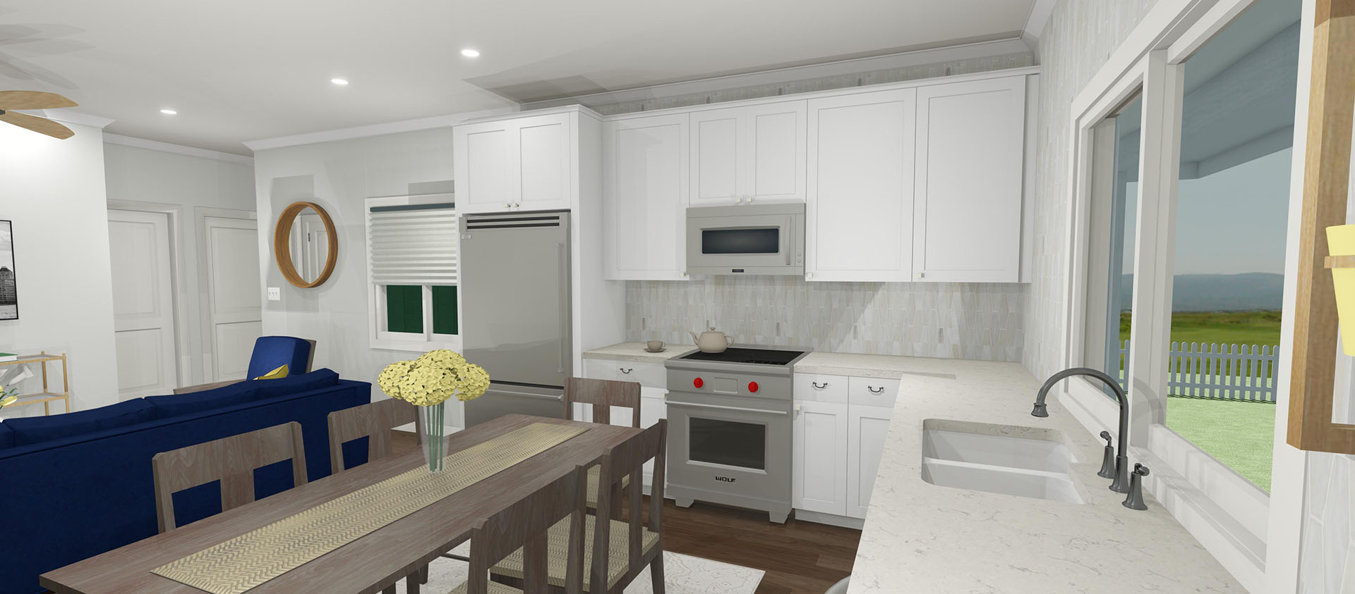 Kitchen with white cabinets and a wooden dining table