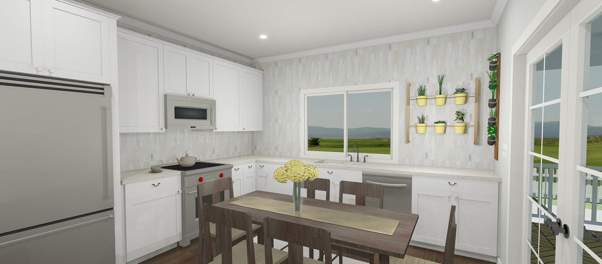 Kitchen with white cabinets and a wooden dining table