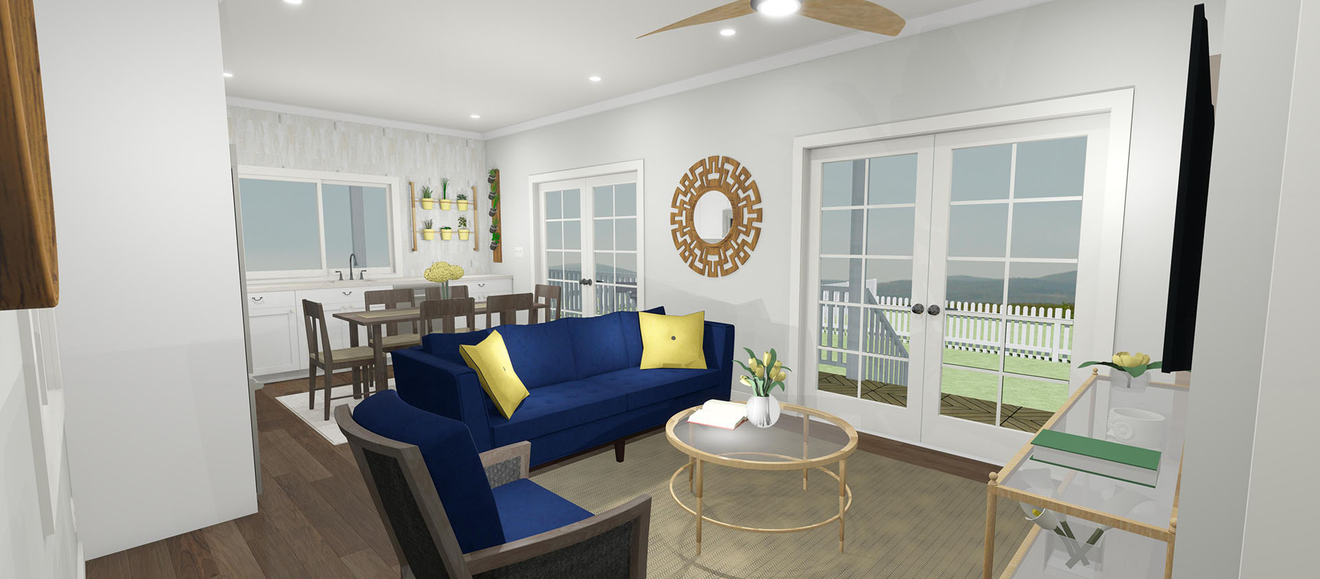 Living room with two blue sofas and wooden dining table