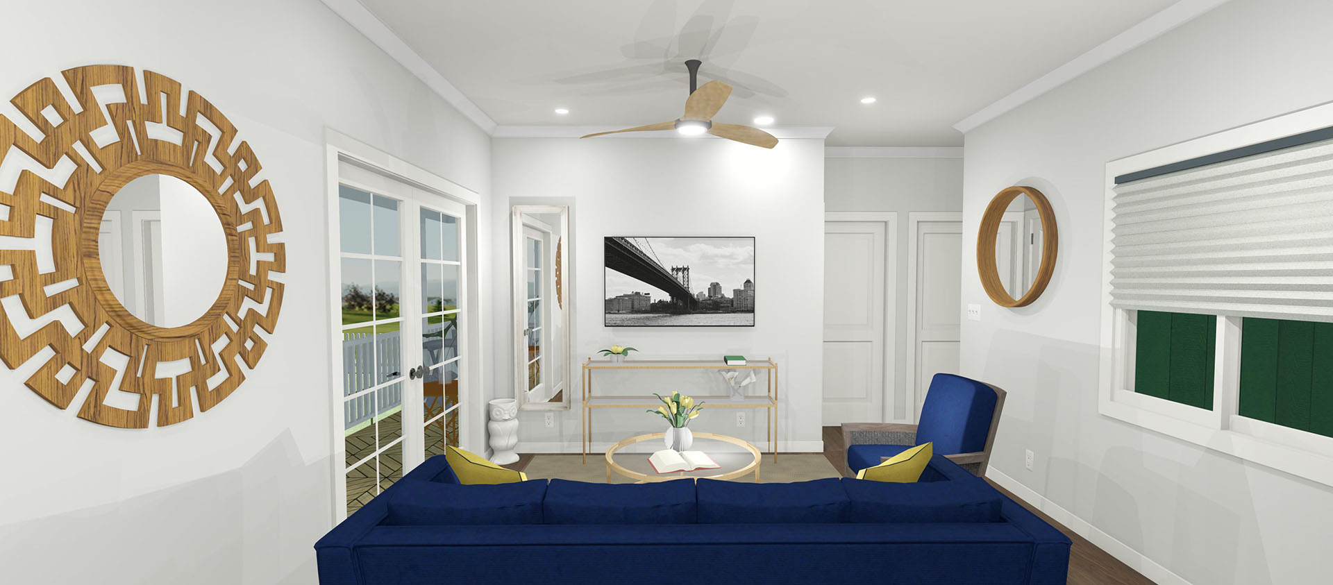 Living room with two blue sofas and a TV