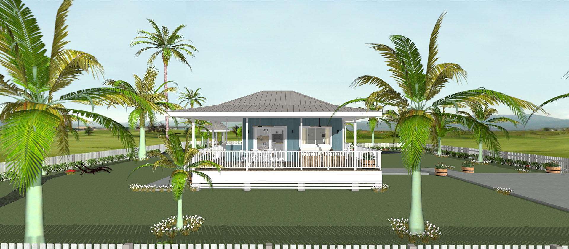The front view of a blue house with a grey roof, wooden deck, and palm trees