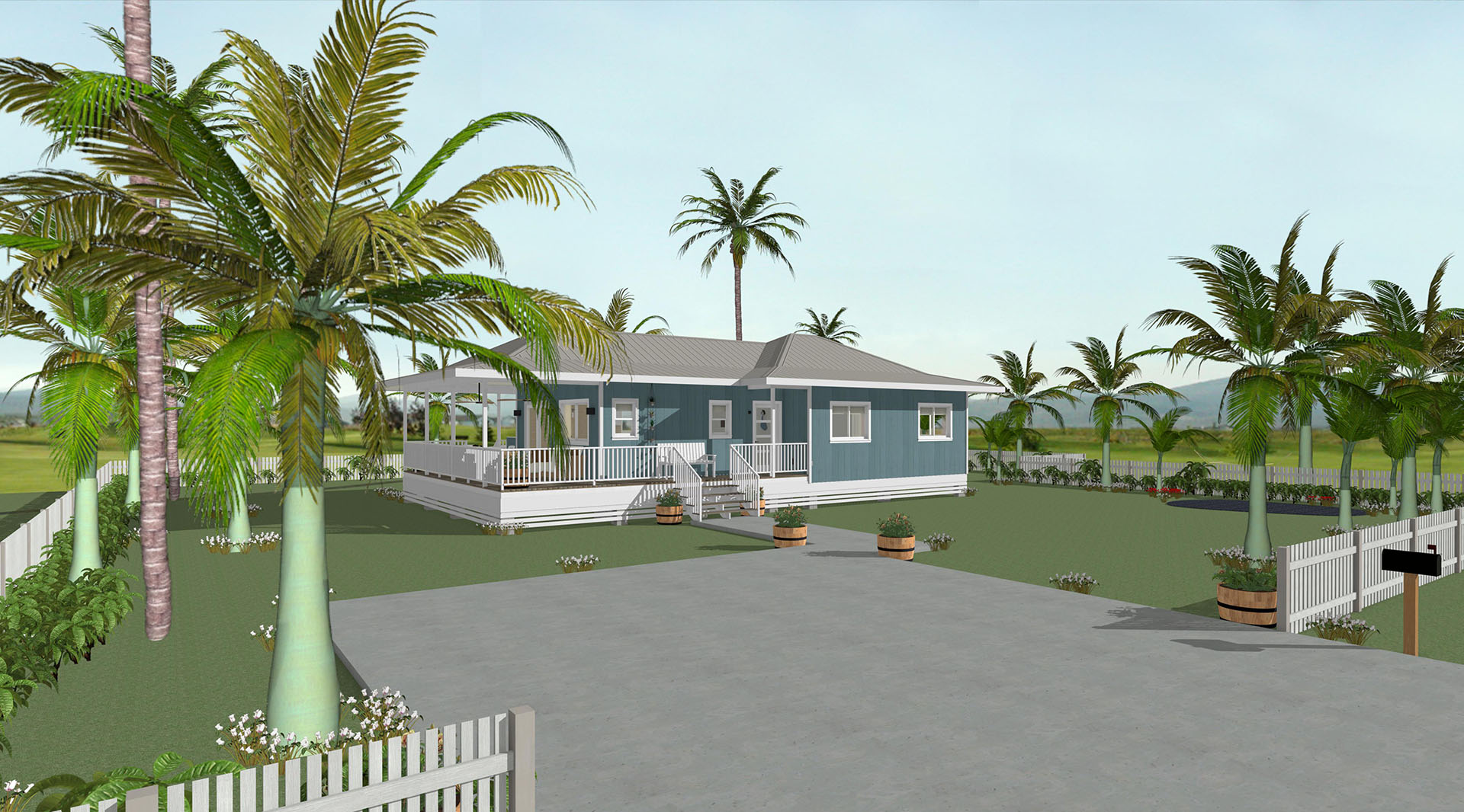 The far away front view of a blue house with a grey roof, wooden deck, and palm trees