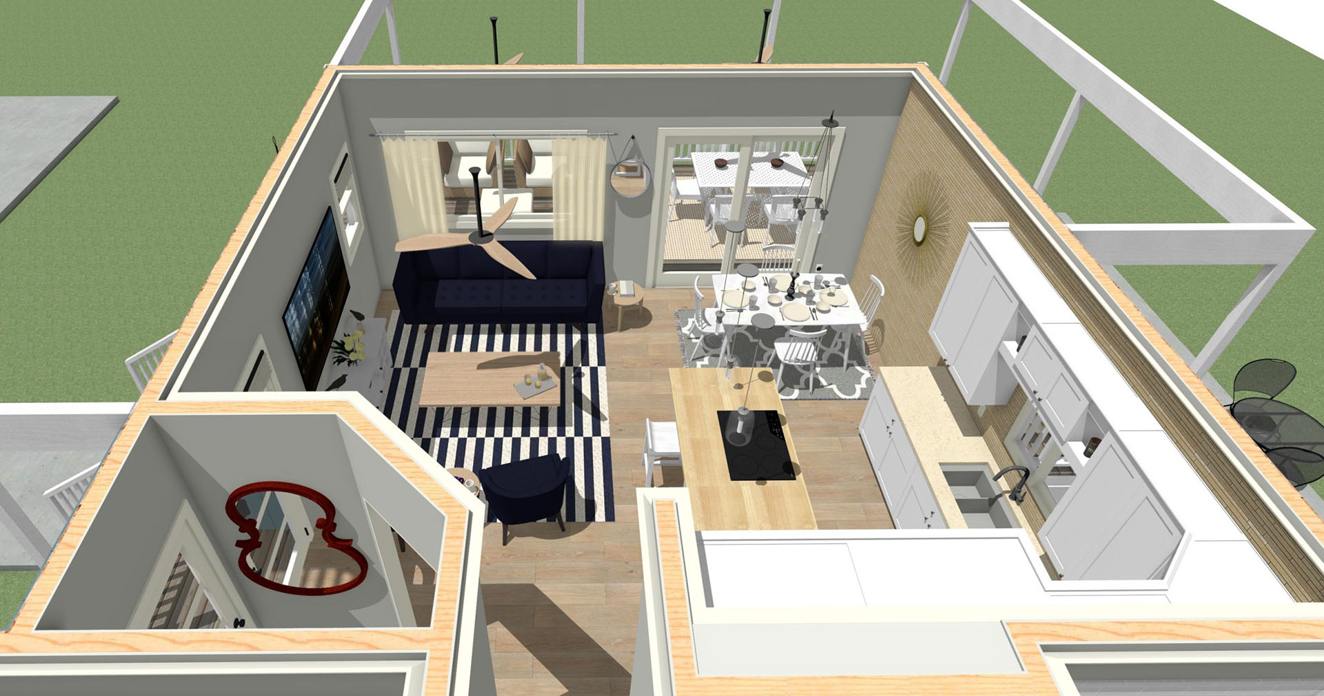 Aerial view of the living room and kitchen