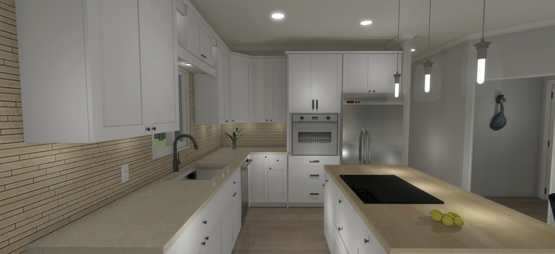 White kitchen cabinets with light colored wood
