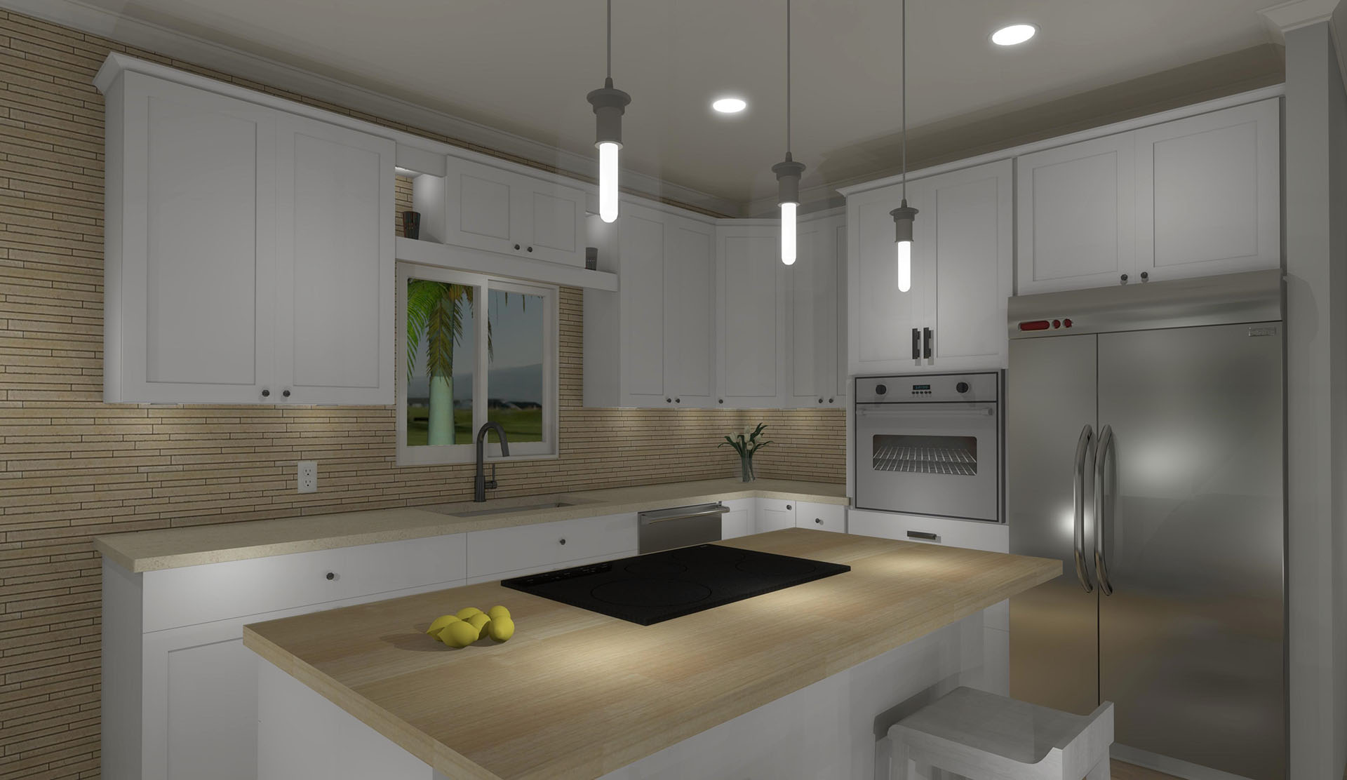 White kitchen cabinets with light colored wood and a lighting fixture on the ceiling