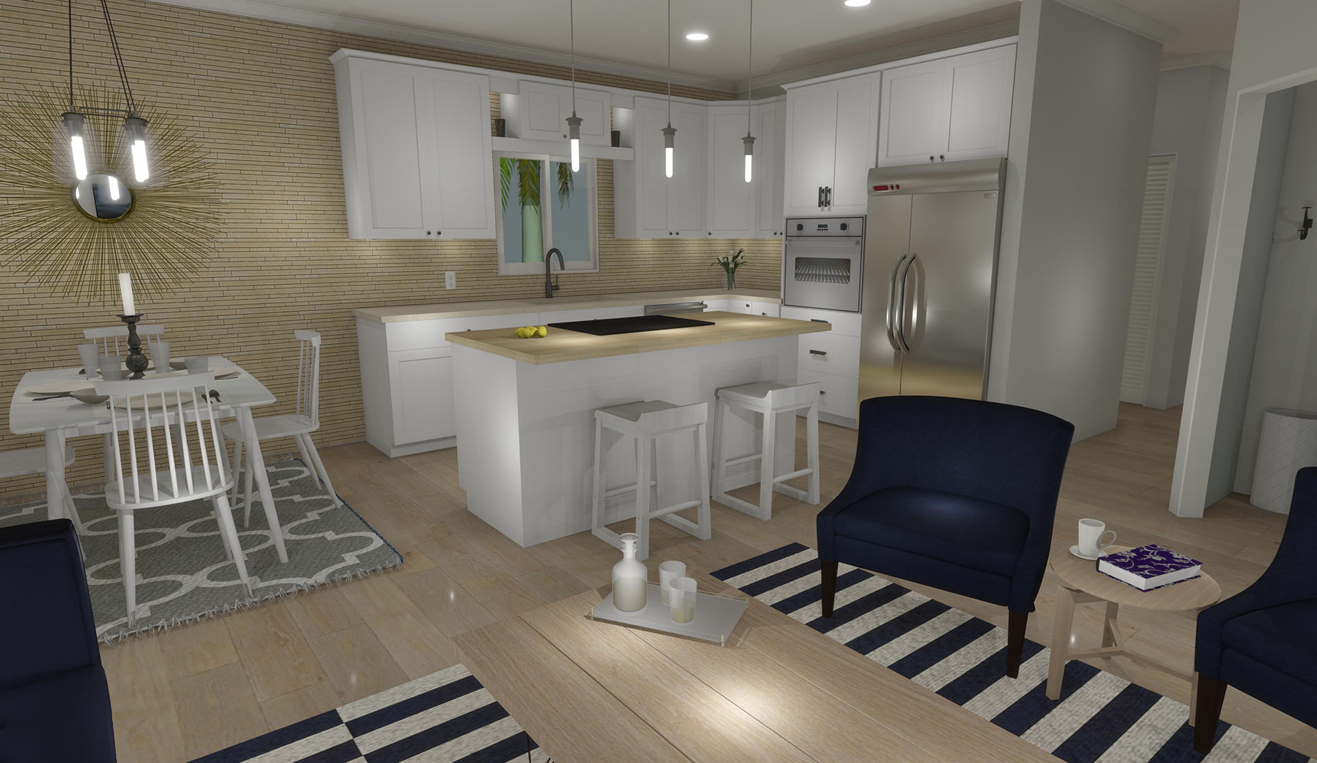 Kitchen area with a dining table and chairs