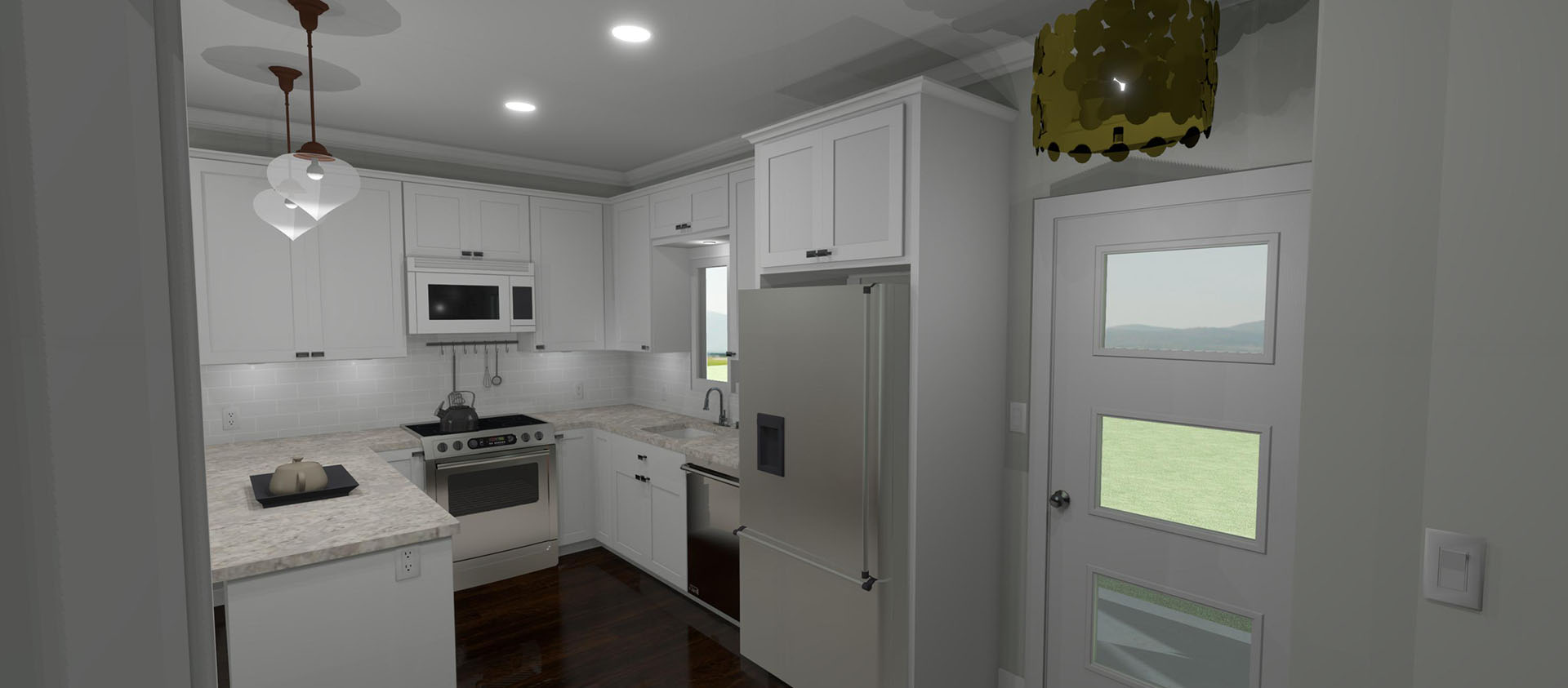 Kitchen with white cabinets and a white marble counter