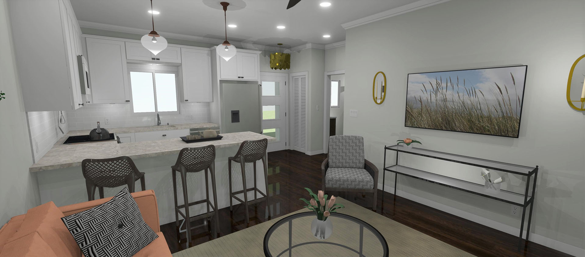 Kitchen with white cabinets, white marble counter, and a small living room