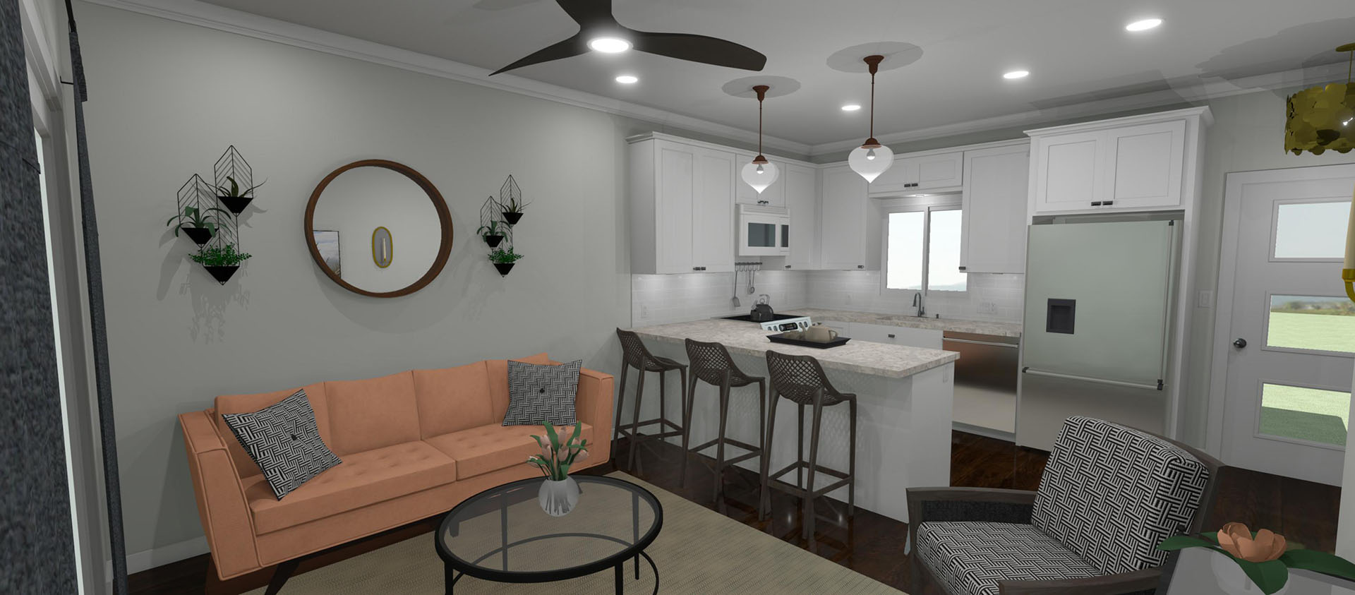 Kitchen with white cabinets, white marble counter, and a small living room