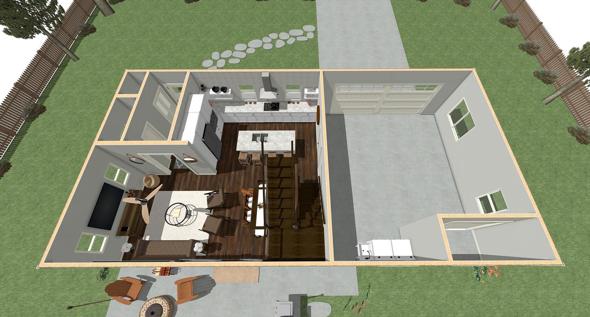 Aerial view of a house's living room and kitchen in the downstairs area