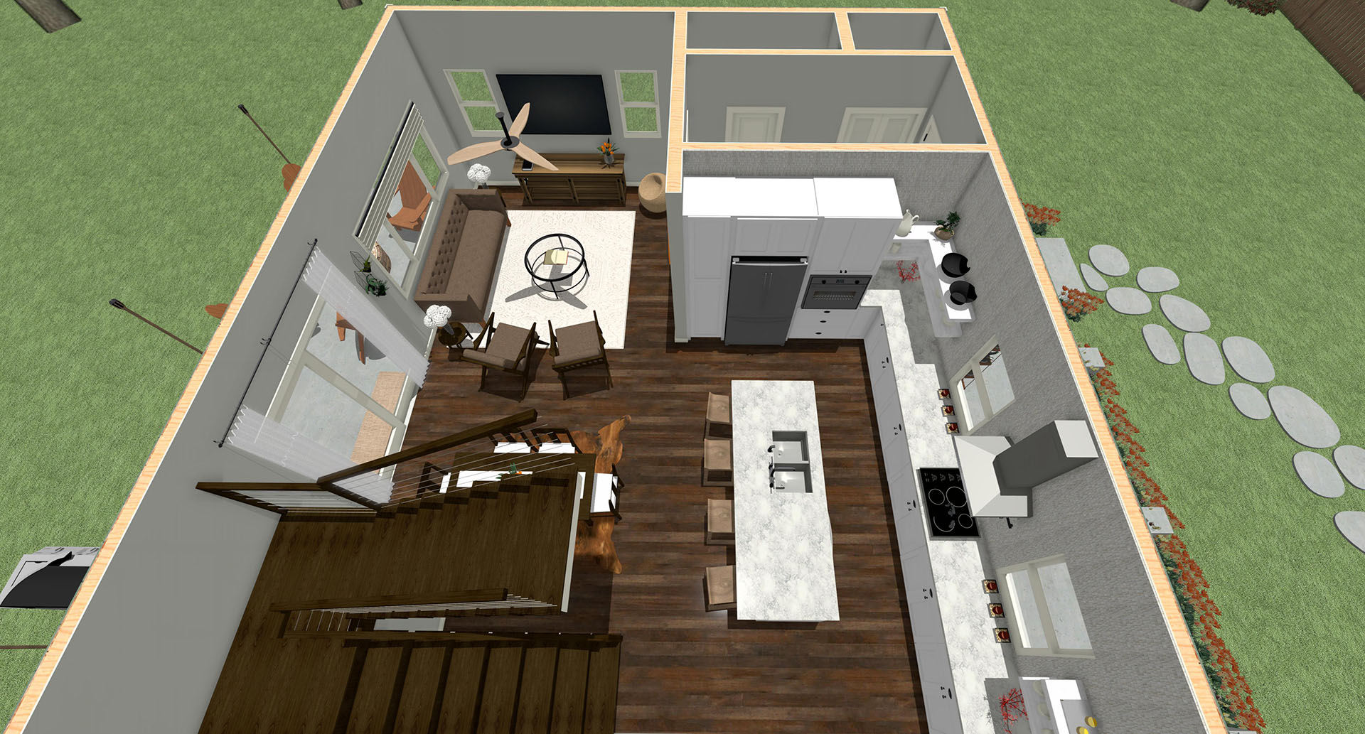 Aerial view of a house's living room and kitchen in the downstairs area