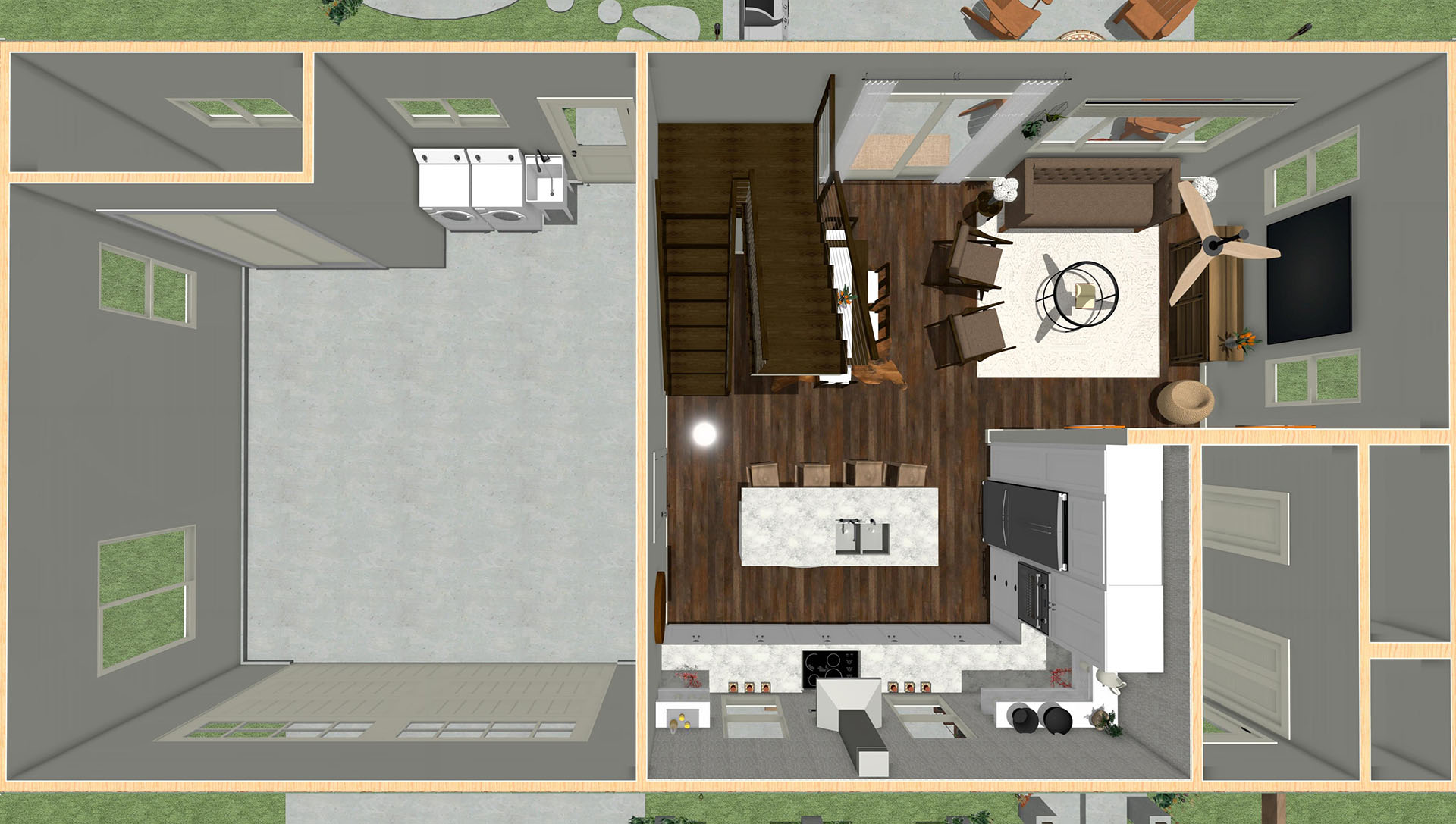 Aerial view of a house's downstairs area and garage