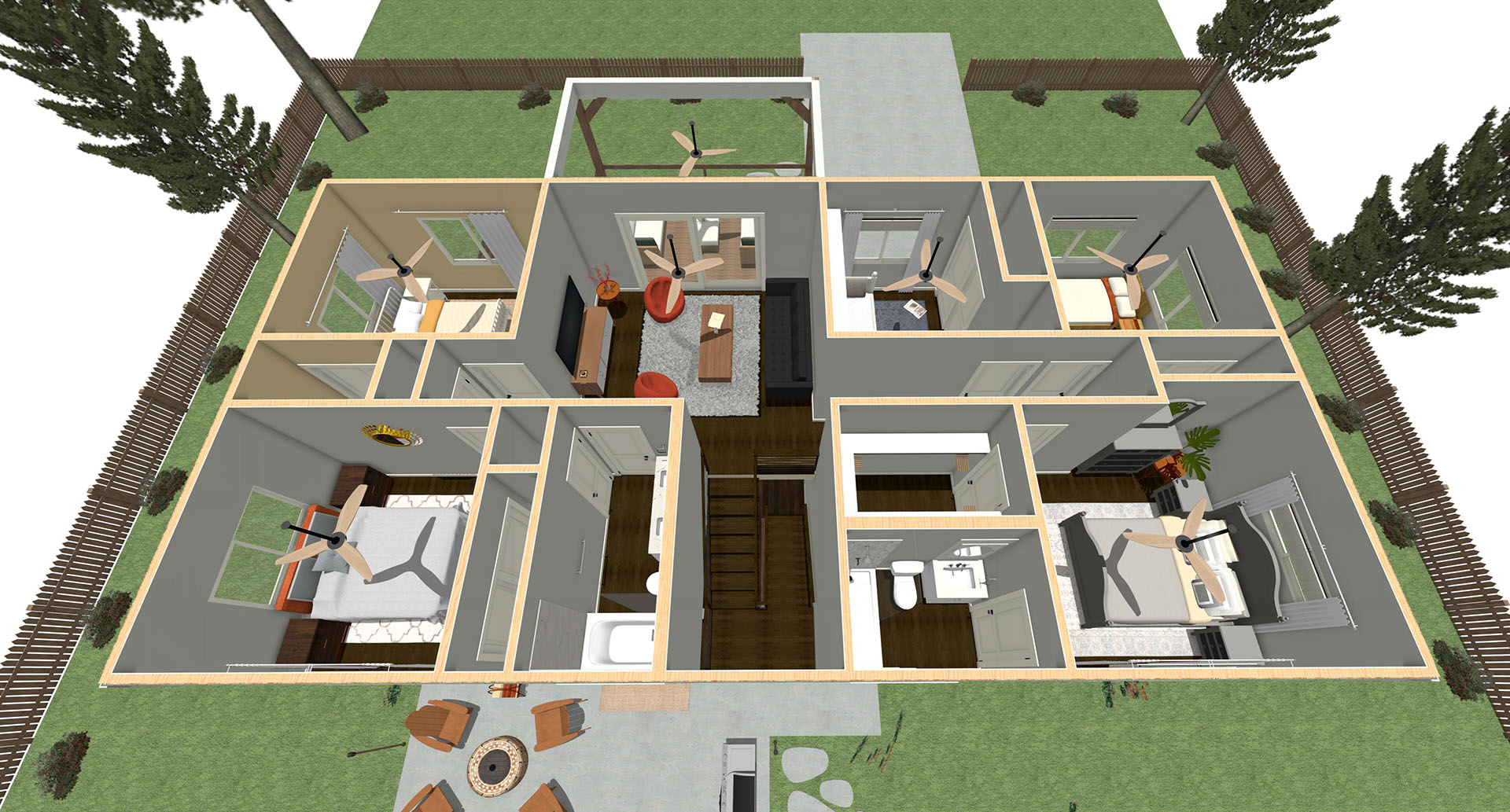 Aerial view of a house's downstairs area that has eight rooms