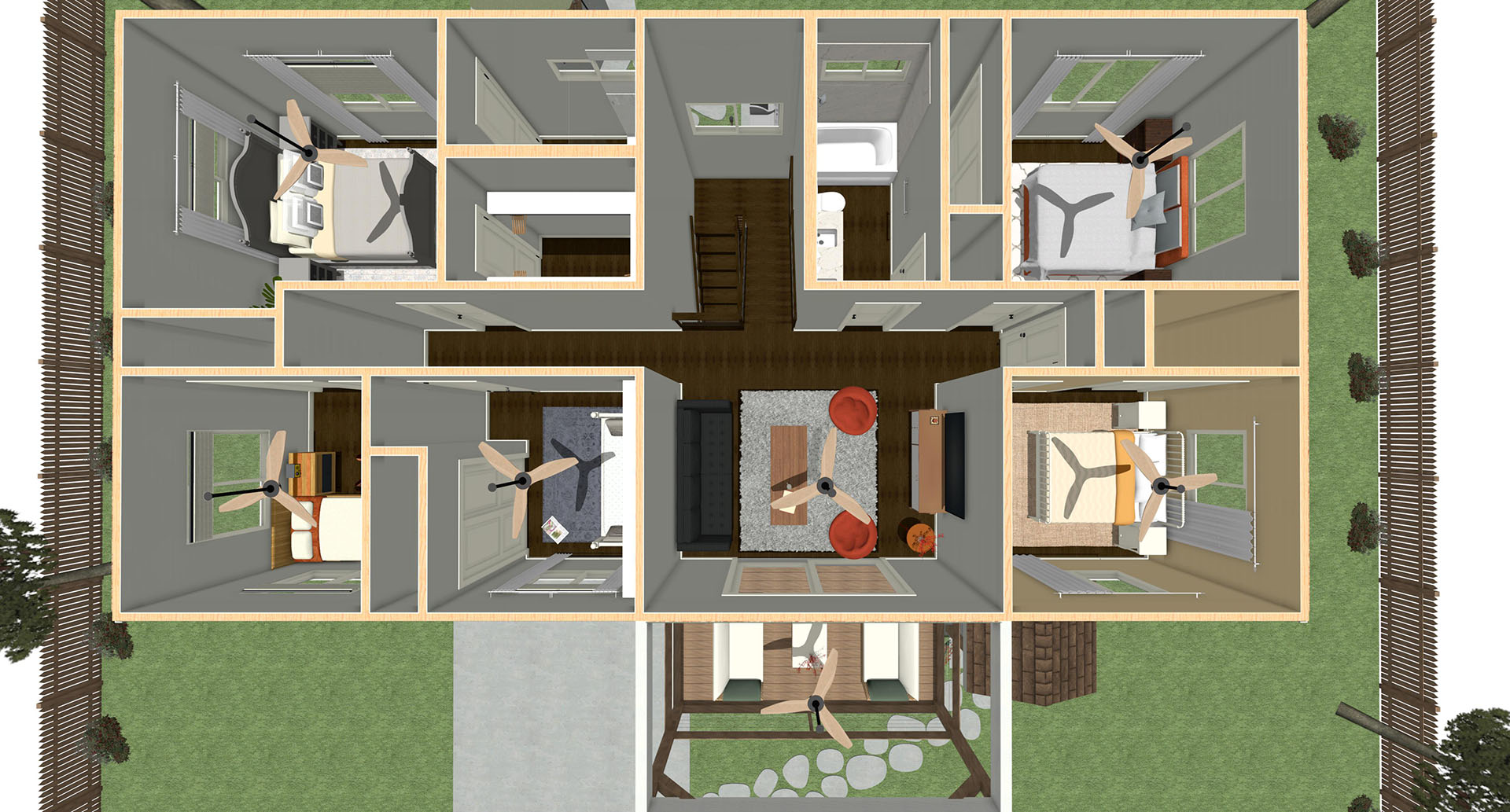 Aerial view of a house's downstairs area that has eight rooms