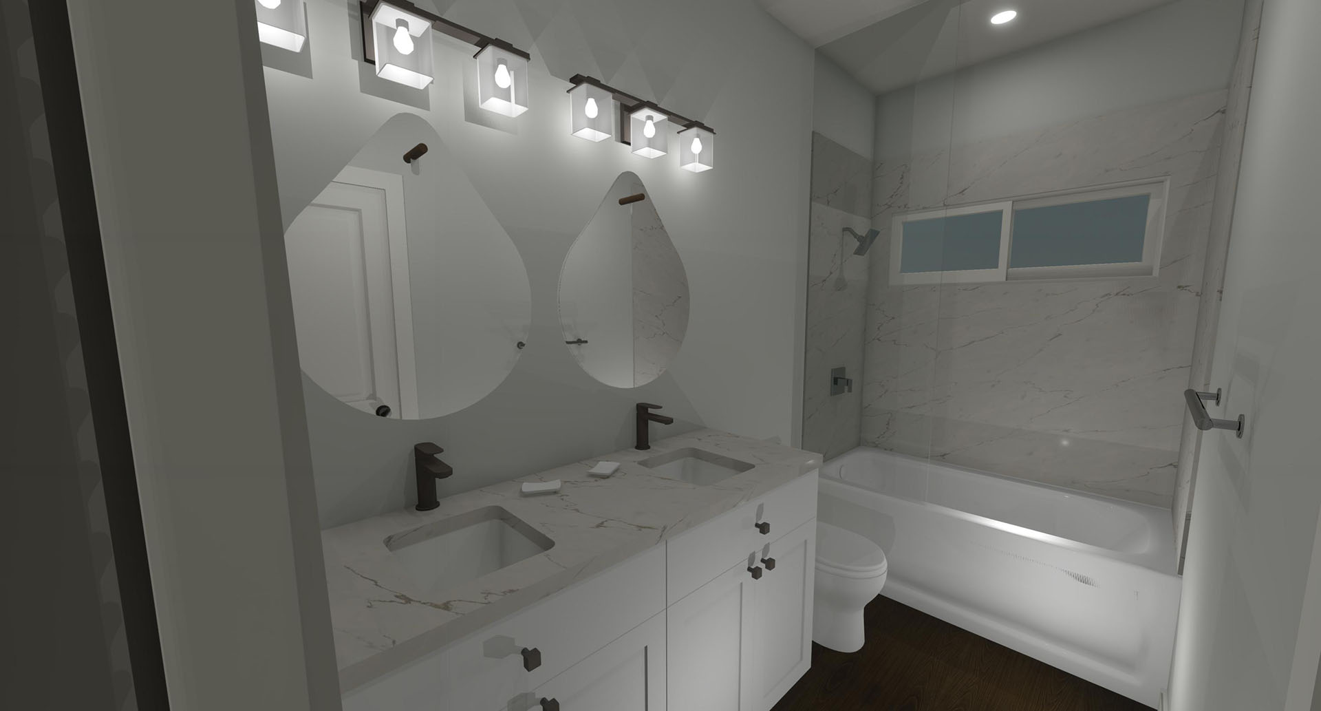 Bathroom with one shower, white cabinets, two sinks, and two circular mirrors hanging above the sinks
