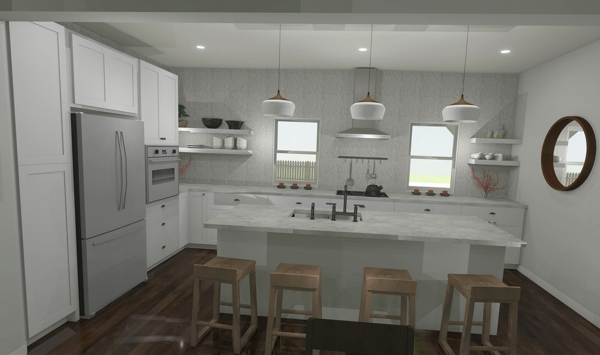 Kitchen with white cabinets and a white marble kitchen island.