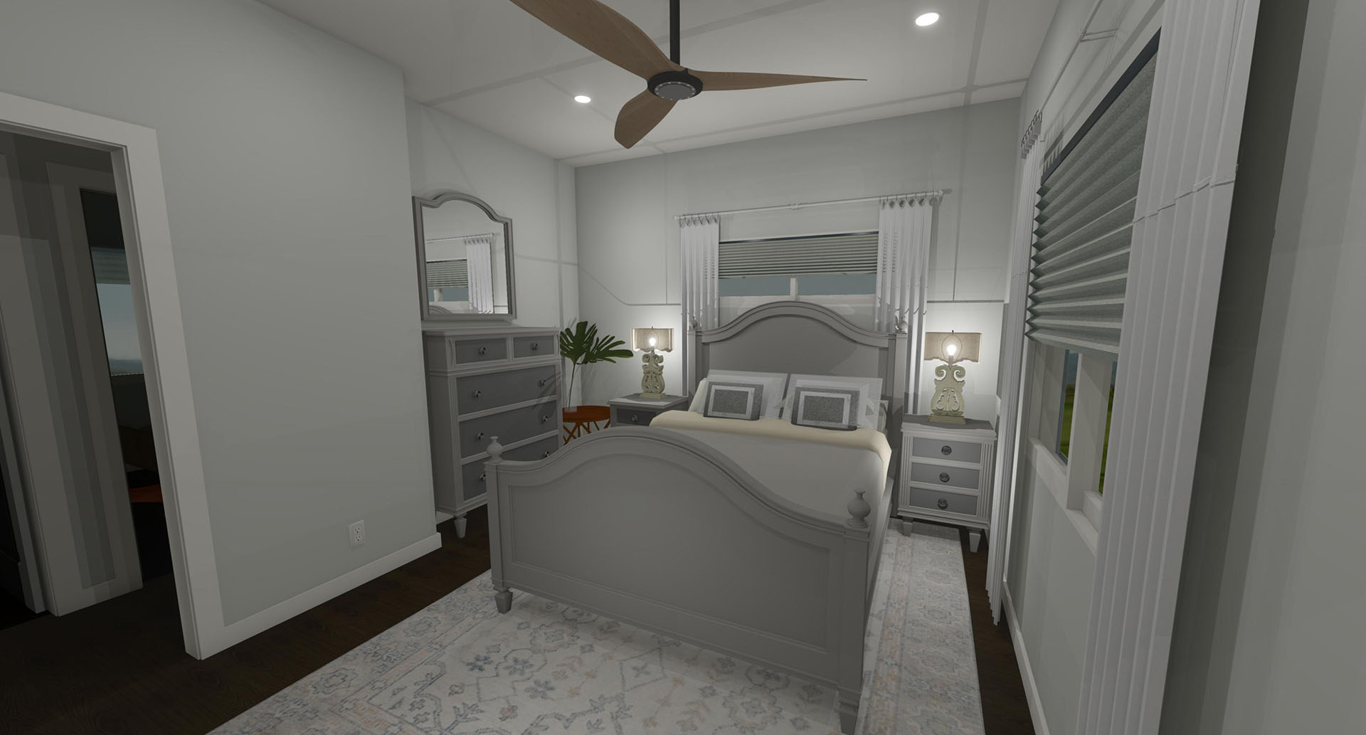 Master bedroom with one bed, white comforter, and white dressers