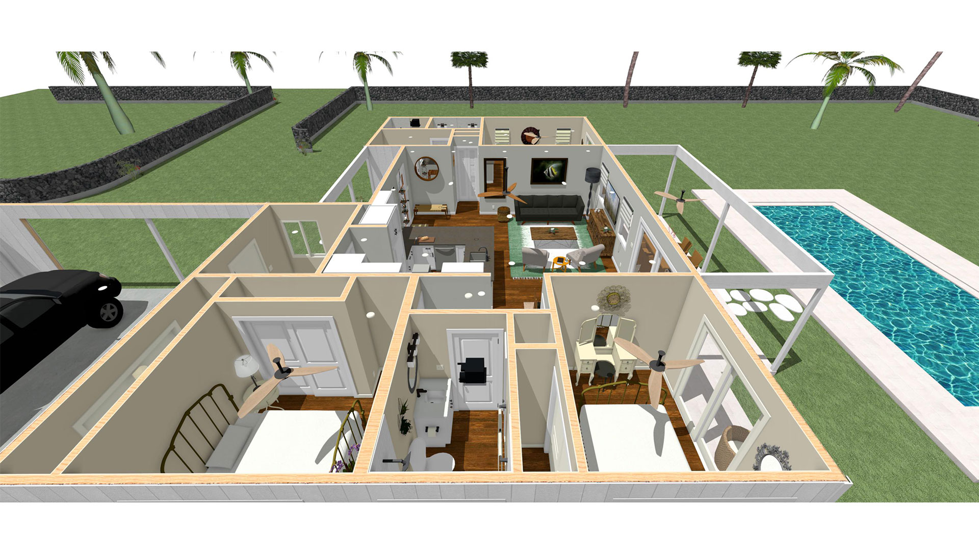Floor plan view of living room and bedrooms and bathroom