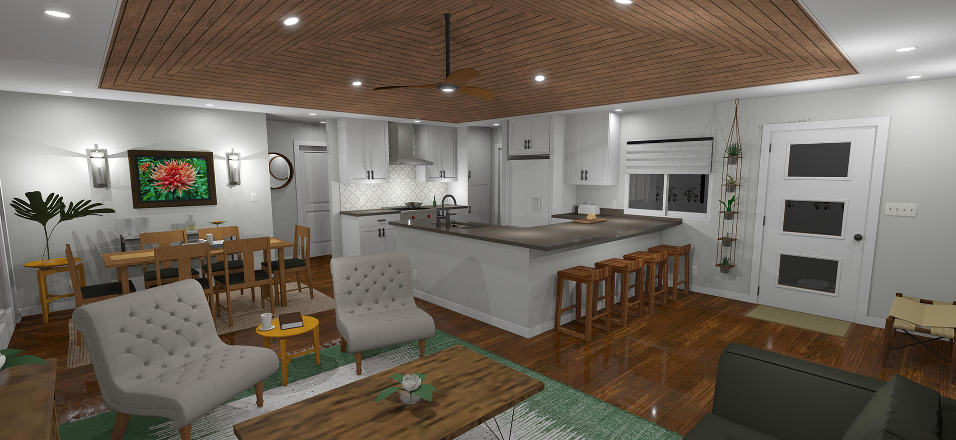 Interior of house showing kitchen area, dining area and part of living room