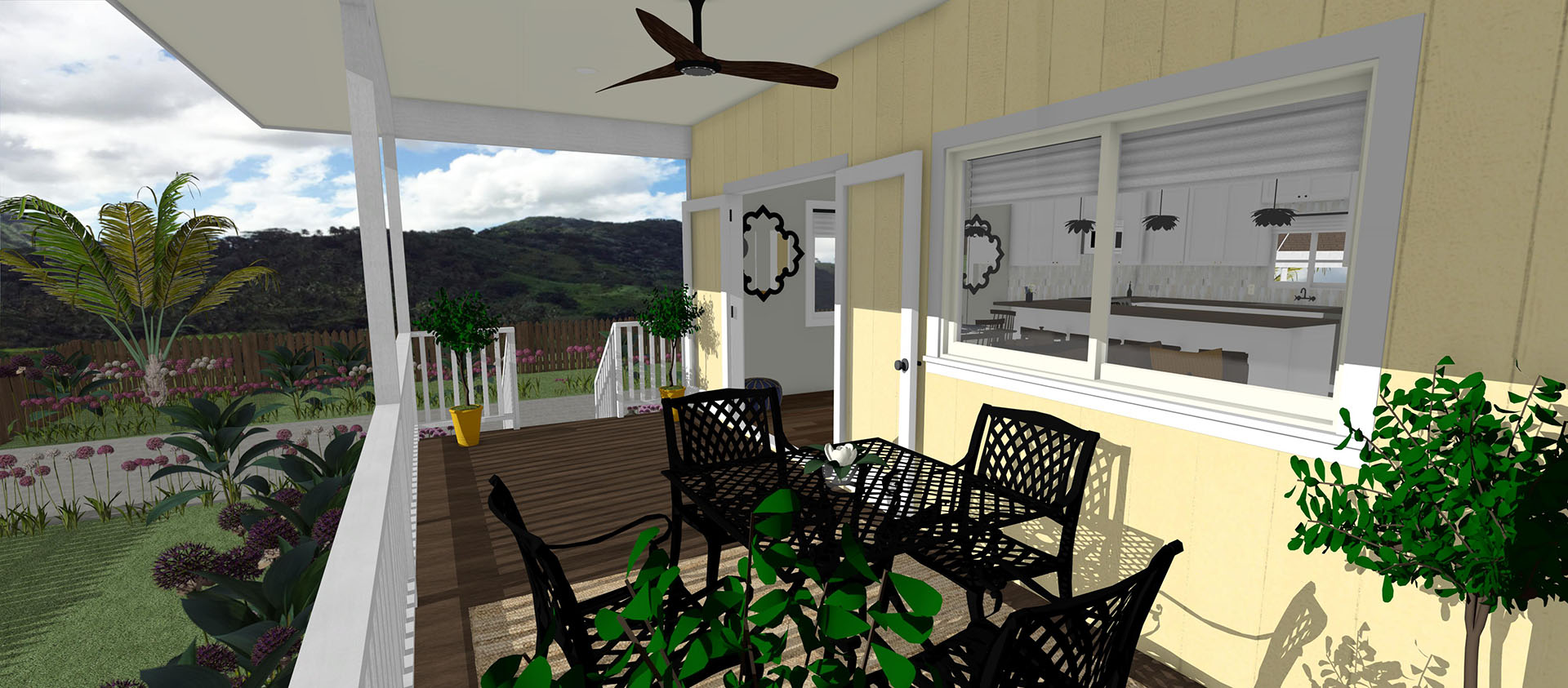 Exterior view of back porch with table and chairs