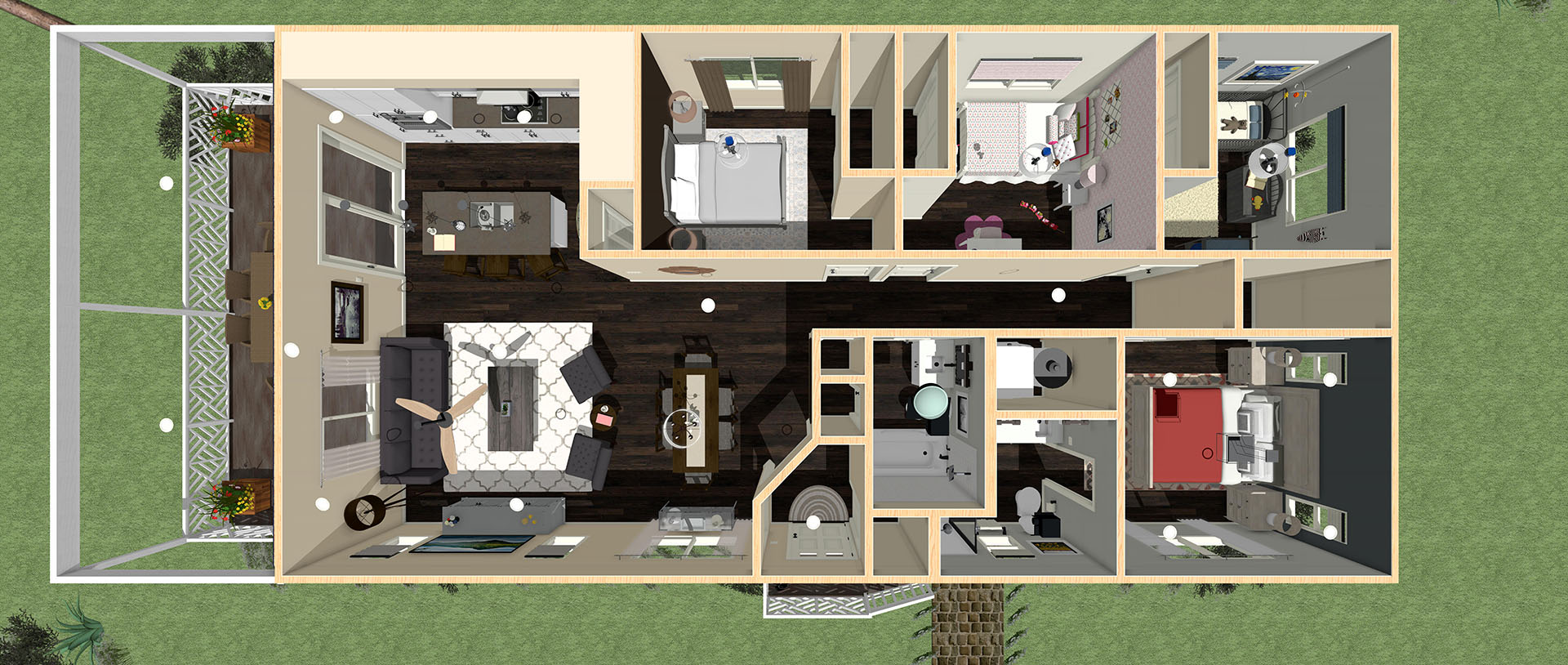 Aerial view of a house and its rooms