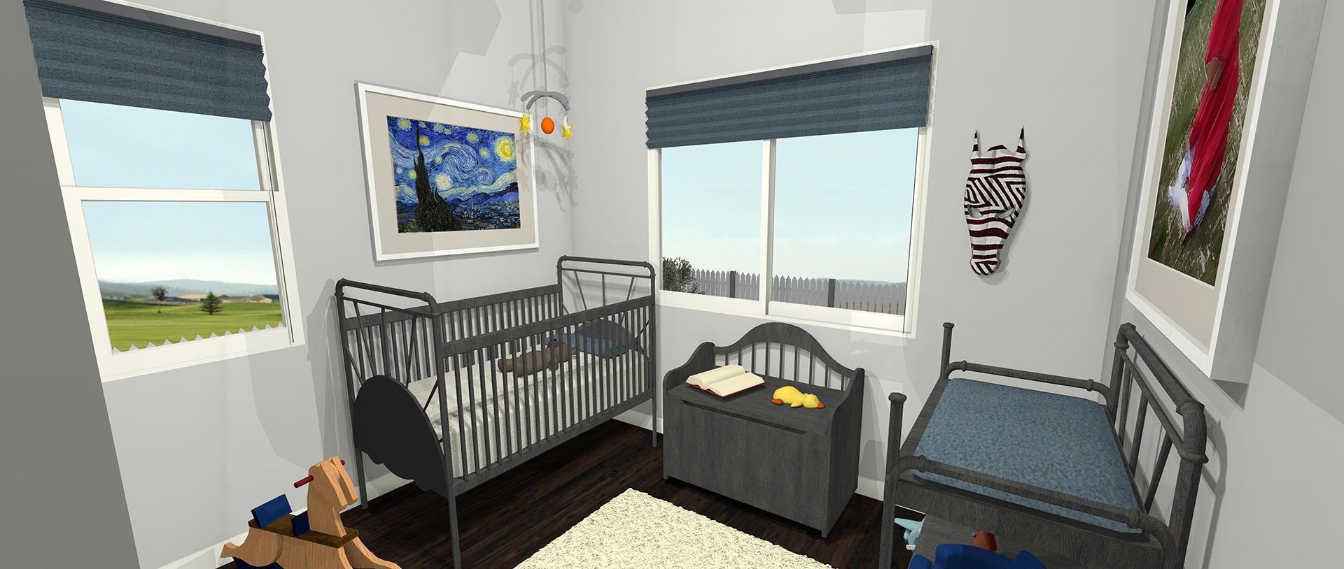 Nursery room with baby crib and toys