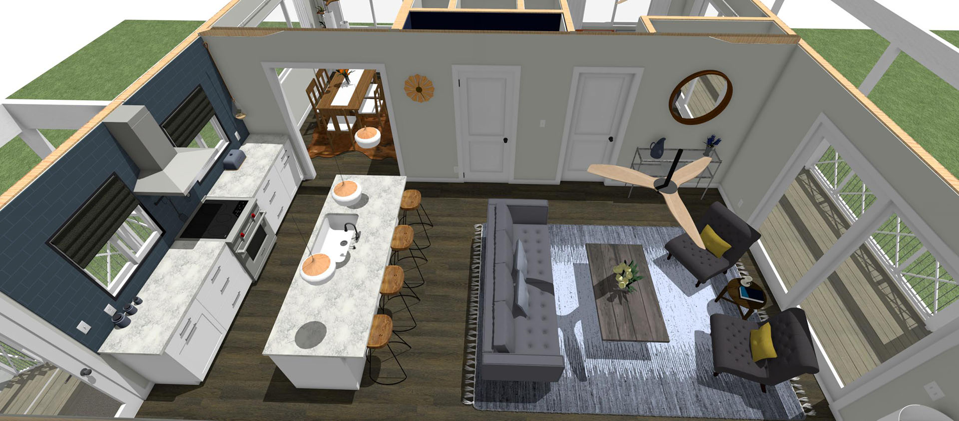 Ohana floor plan overview living room and kitchen